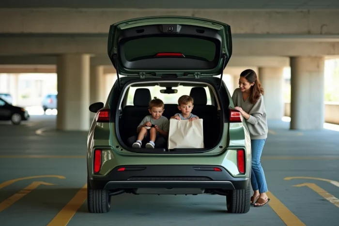 Une Kia Niro EV vert sauge dans un parking urbain, une femme plie une poussette pour la ranger dans le coffre avec ses deux jeunes enfants