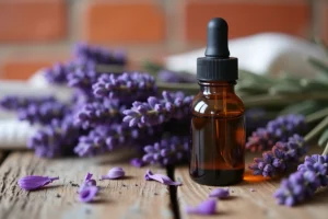 Bouquets de lavande séchée et flacon d'huile essentielle sur une surface en bois rustique, illustrant les perturbateurs endocriniens présents dans la lavande