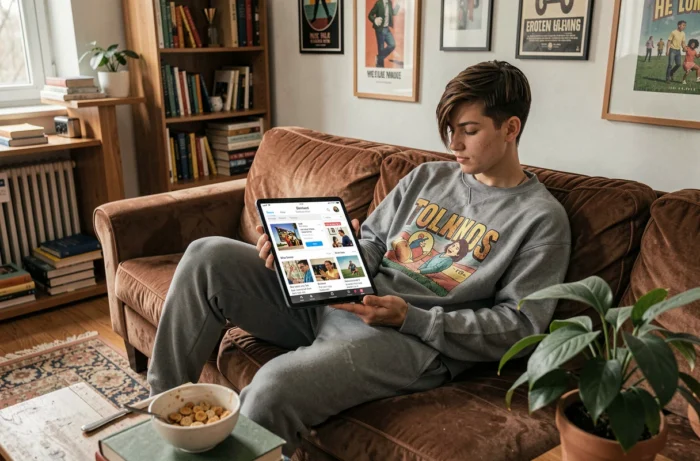 Personne décontractée lisant des actualités décalées sur une tablette dans un salon chaleureux
