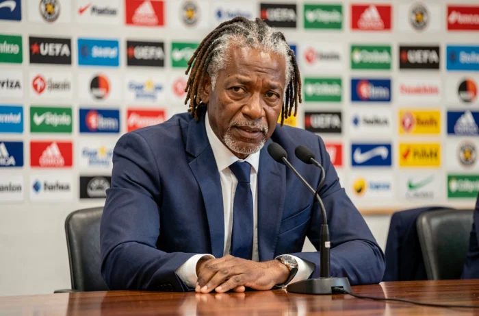 Ancien footballeur et entraîneur emblématique en costume bleu marine lors d'une conférence de presse UEFA, expression réfléchie et posée