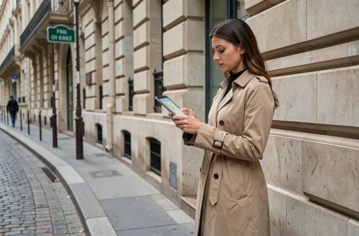 Jeune femme consultant un plan interactif sur tablette pour vérifier une adresse postale dans une rue parisienne