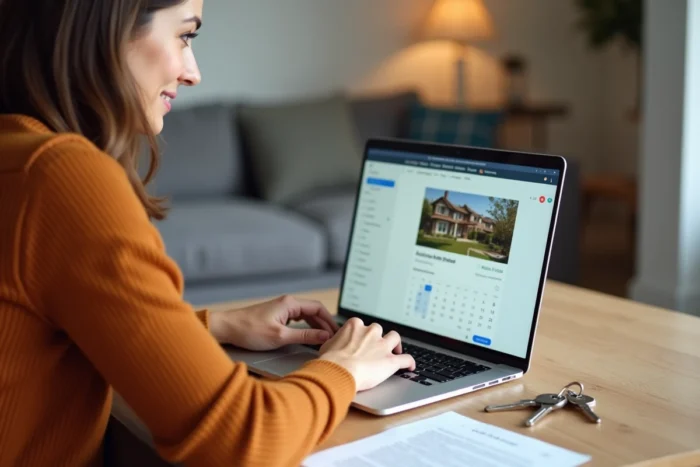 Une femme gérant la location de ses biens entre particuliers sur une plateforme en ligne, avec un jeu de clés et un contrat de location sur la table