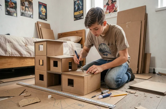 Ado construisant une maquette architecturale en carton de récupération sur le sol de sa chambre
