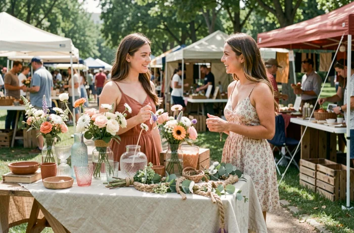 Deux femmes examinant des décorations de mariage artisanales lors d'un marché d'échange communautaire en plein air