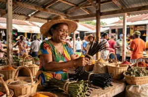 Vendeuse mauricienne présentant des gousses de vanille fraîches sur un étal en bois au marché central de Port Louis