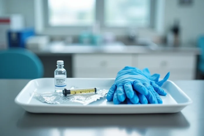Matériel médical pour injection amincissante disposé sur un plateau clinique stérile