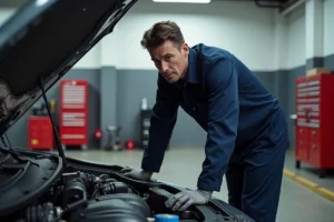 Mécanicien professionnel inspectant le moteur d'une voiture dans un garage automobile spécialisé