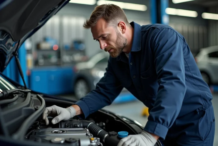 Technicien automobile inspectant le moteur d'une Peugeot 208 dans un garage professionnel pour comparer les versions disponibles