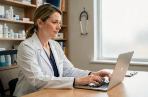 Médecin généraliste connectant à son espace Weda sur un ordinateur portable dans son cabinet médical