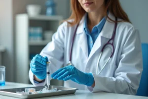 Médecin préparant une injection médicale dans un cabinet clinique moderne pour traitement amincissant