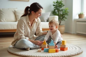 Mère et enfant jouant ensemble avec des cubes en bois sur un tapis d'éveil dans un salon scandinave chaleureux