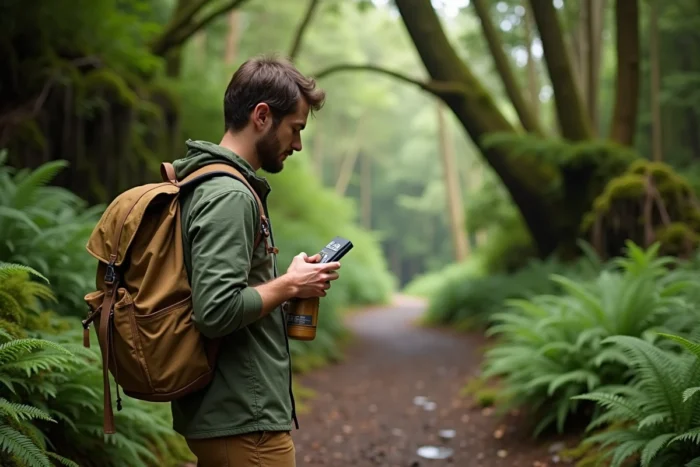 Un voyageur écoresponsable avec un sac à dos en toile et une gourde bambou lisant un message engagé au bord d'un sentier forestier
