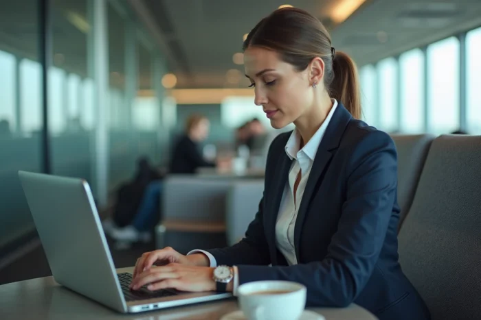 Une professionnelle en tenue business consultant un message sincère sur son ordinateur dans un salon d'aéroport avant un déplacement