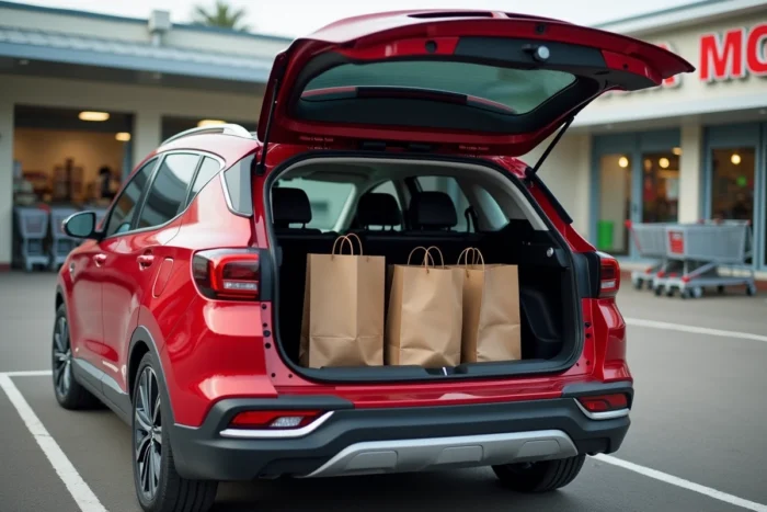 Une MG5 électrique rouge break coffre ouvert, un jeune couple charge des courses dans le parking d'un supermarché de banlieue