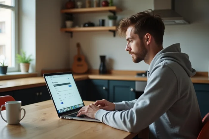Un homme réalisant une micro-mission rémunérée sur une plateforme de crowdsourcing depuis sa cuisine, avec un laptop et une tasse de café