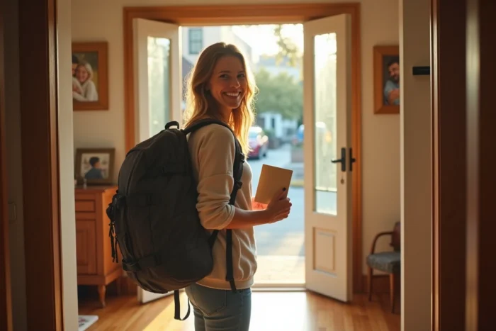 Une femme sur le pas de sa porte avec un grand sac à dos tenant une carte d'adieu avant de partir pour un long voyage ou un tour du monde