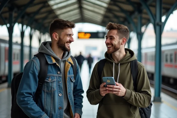 Deux amis complices sur un quai de gare, l'un tenant un smartphone affichant un message de bon voyage