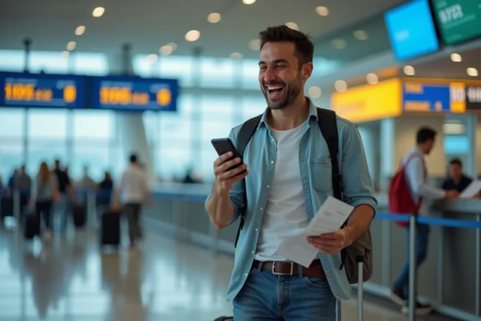 Un homme éclatant de rire en lisant un message humoristique sur son téléphone avant son départ en voyage