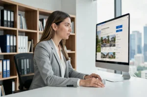 Femme consultant un site immobilier sur ordinateur dans un bureau moderne, illustrant la navigation intuitive d'une plateforme de recherche de biens