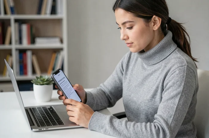 Jeune femme numérisant un document avec son smartphone pour créer une copie certifiée conforme depuis son bureau à domicile