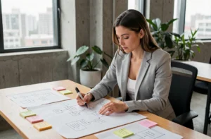 Femme professionnelle organisant un plan de site web sur papier avec des wireframes et une carte hiérarchique dans un espace de coworking moderne