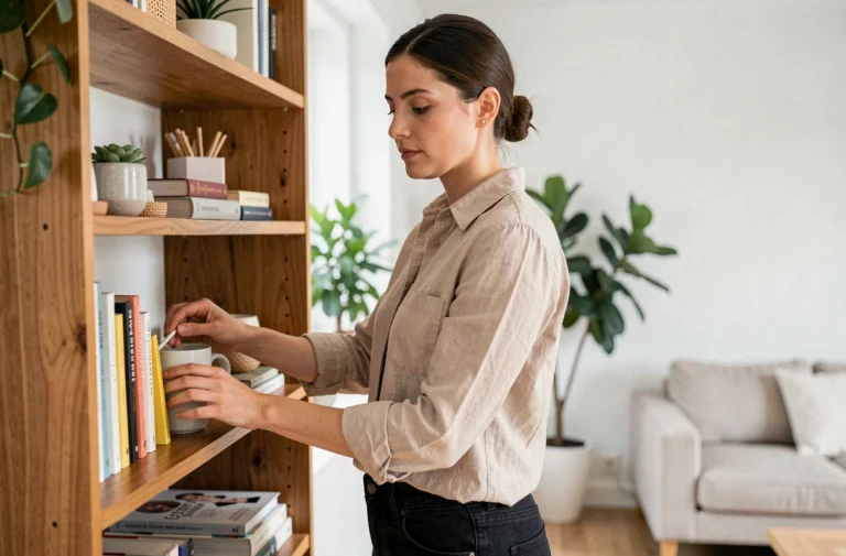 Femme organisant des livres et objets décoratifs sur une étagère en bois dans un salon au style scandinave épuré