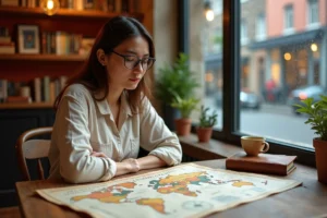 Femme organisant un voyage autour du monde avec une carte et un journal de bord dans un café