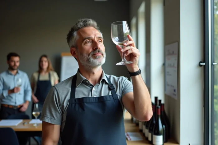 Participant adulte en formation œnologie agréée CPF analysant un verre de vin en salle de dégustation