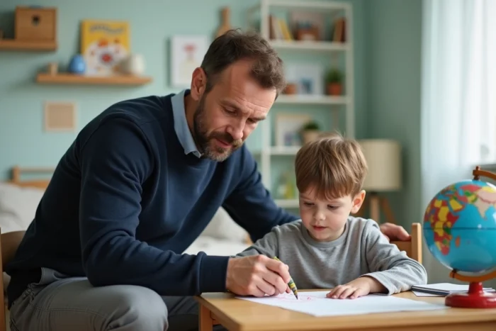 Père accompagnant son enfant dans un exercice de dessin et d'apprentissage à son bureau dans une chambre d'enfant