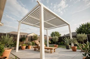Pergola aluminium 5x4 mètres installée dans un jardin moderne avec lames orientables et mobilier de terrasse
