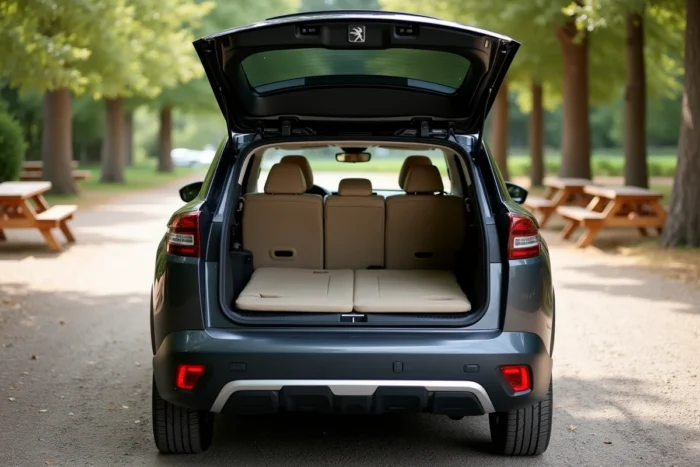 Un Peugeot e-5008 graphite coffre ouvert montrant la troisième rangée rabattue, cinq passagers installés à une aire de repos autoroutière