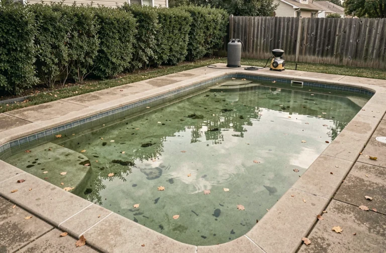Piscine résidentielle avec eau stagnante verdâtre et pompe arrêtée, algues visibles sur les parois