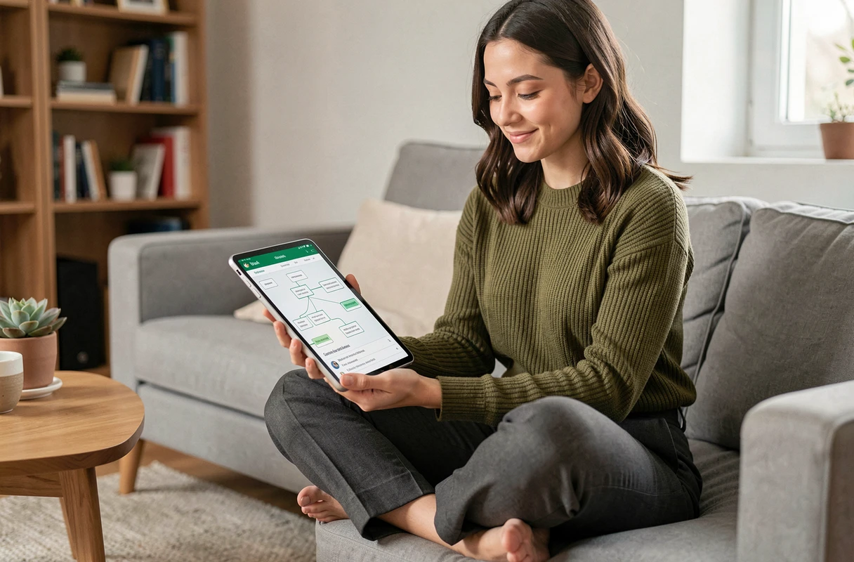 Jeune femme consultant un outil de plan de site web sur tablette depuis son bureau à domicile dans un cadre chaleureux et moderne