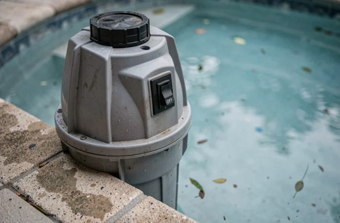 Gros plan sur une pompe de piscine éteinte et déconnectée avec eau trouble en arrière-plan