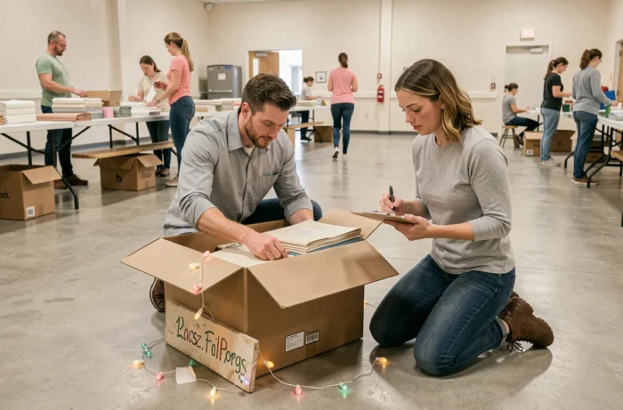 Bénévoles préparant et organisant des décorations de mariage partagées dans une salle communautaire