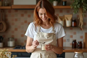 Femme préparant un shampoing sec naturel maison avec de la poudre d'arrow-root dans une cuisine rustique