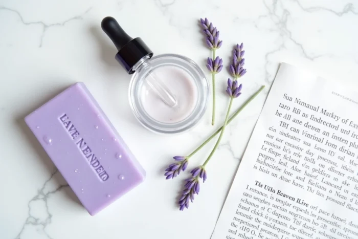 Vue de dessus de produits cosmétiques à la lavande et d'un article scientifique sur les perturbateurs endocriniens, sur fond de marbre blanc