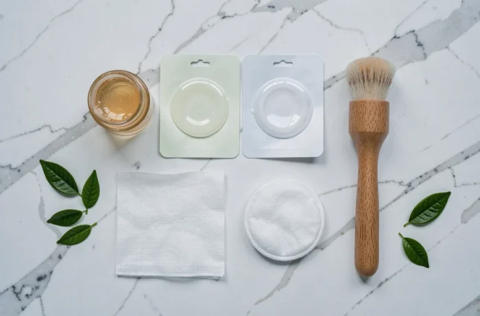 Flat-lay de produits de soin pour éliminer les boutons : patches hydrocolloides, gel acide salicylique et coton