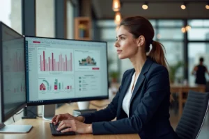 Professionnelle de l'immobilier utilisant un logiciel de gestion immobilière sur ordinateur dans un bureau moderne