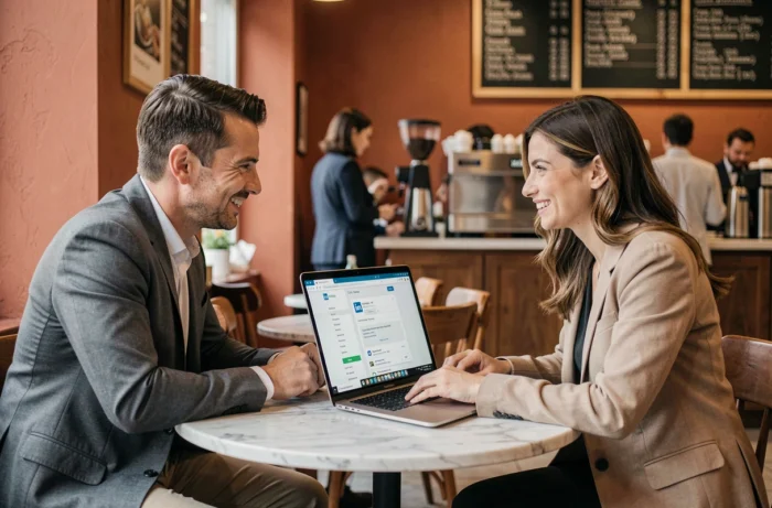 Deux professionnels discutant d'un profil LinkedIn sur un ordinateur portable dans un café urbain