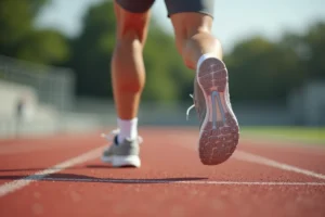 Coureur masculin en pronation sur une piste d'athlétisme, vue rapprochée de la foulée et du déroulé du pied vers l'intérieur