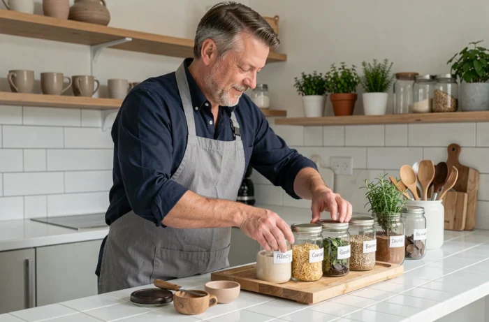 Homme rangeant des bocaux en verre étiquetés sur un plan de travail de cuisine moderne et organisée