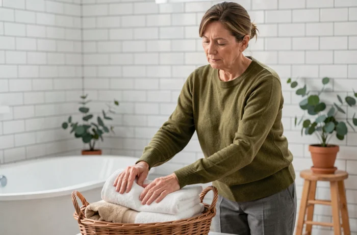 Femme pliant des serviettes et rangeant du linge dans un panier en osier dans une salle de bain blanche et ordonnée