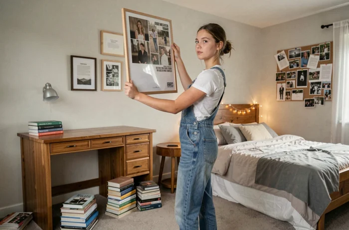 Adolescente en train de réaménager et redécorer sa chambre avec des posters et des meubles déplacés