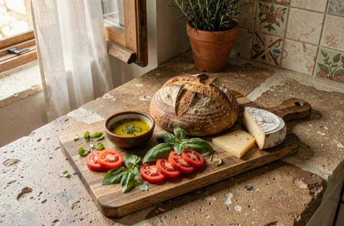 Planche en bois avec pain au levain maison, tomates et fromage affiné pour une recette méditerranéenne authentique