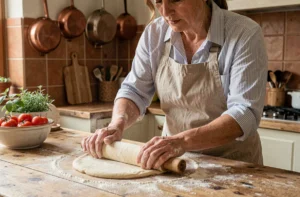 Femme préparant des pâtes fraîches maison sur une table en bois rustique dans une cuisine authentique