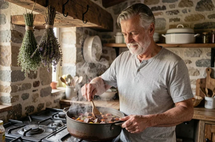 Homme âgé préparant un ragoût de bœuf traditionnel sur une cuisinière en fonte dans une cuisine de campagne française