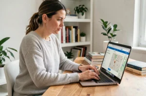 Femme recherchant une adresse postale française sur un ordinateur portable dans un bureau à domicile