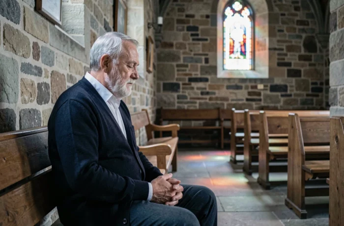 Homme âgé en recueillement spirituel dans une chapelle en pierre, accompagnement spirituel face aux épreuves