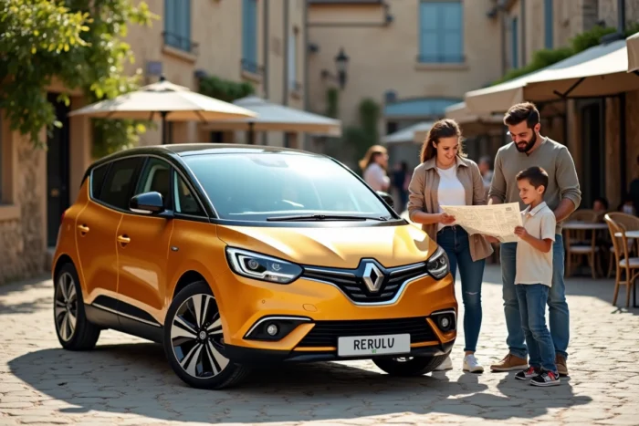 Un Renault Scénic E-Tech Electric ocre garé sur une place de village, une famille de quatre personnes consulte une carte routière